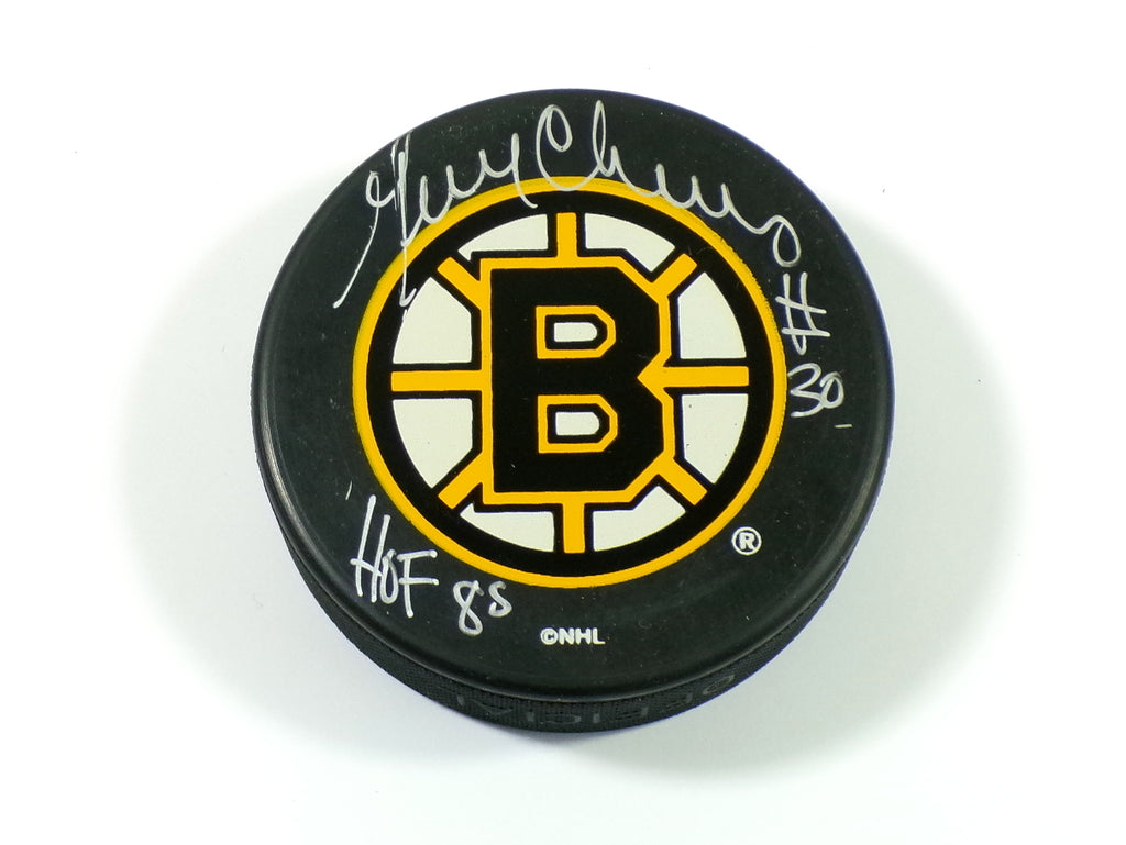 Gerry Cheevers #30 HOF 88 Signed Boston Bruins In Glas Co Hockey Puck Auto