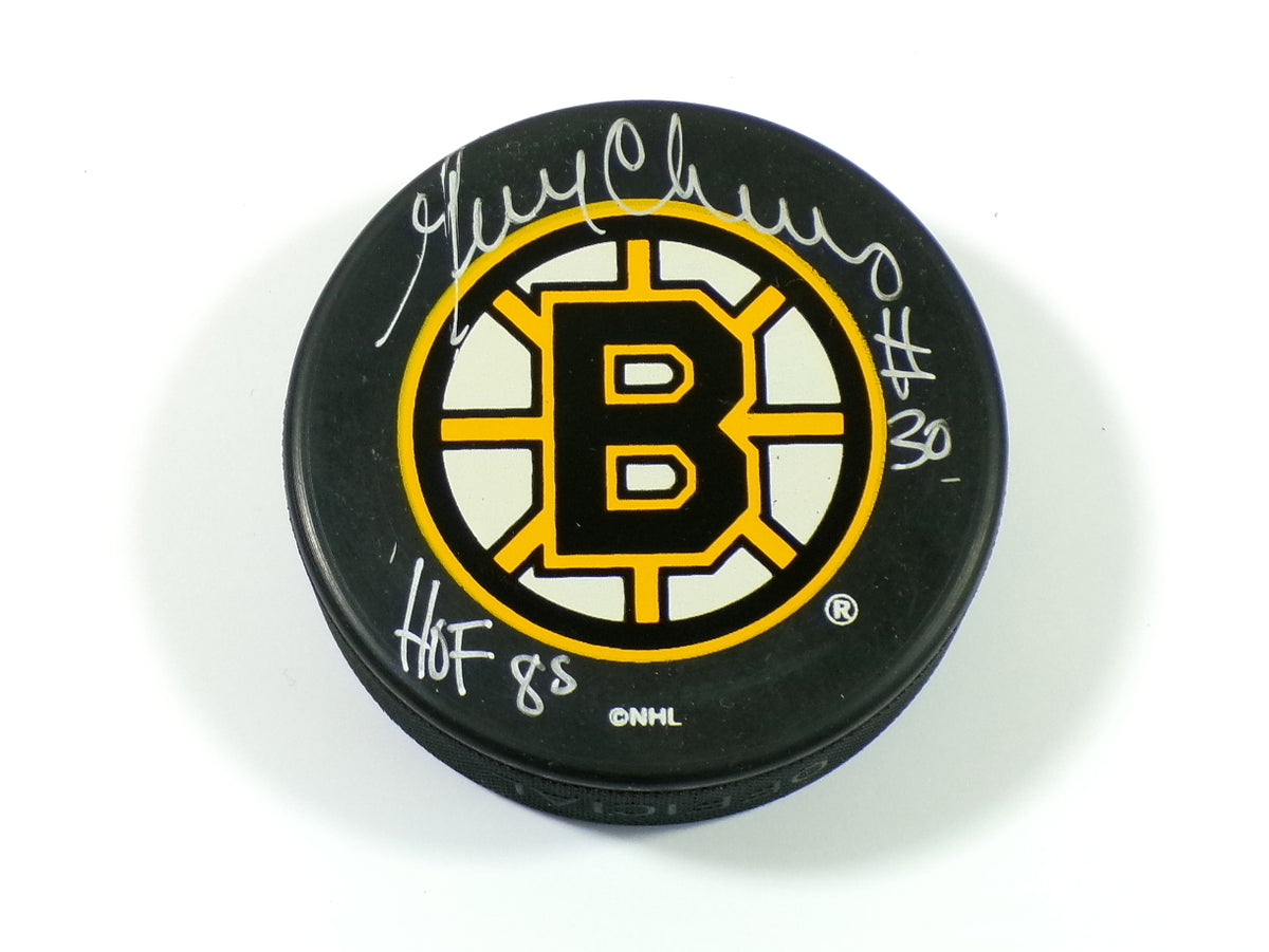Gerry Cheevers #30 HOF 88 Signed Boston Bruins In Glas Co Hockey Puck Auto