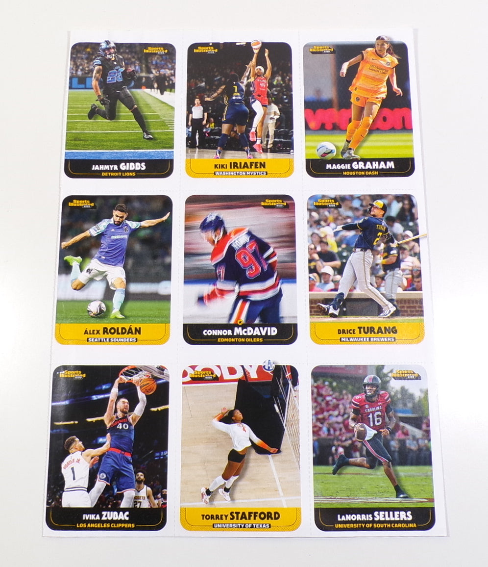 2025 Sports Illustrated for Kids 9-Card Uncut Sheet Connor McDavid Jahmyr Gibbs