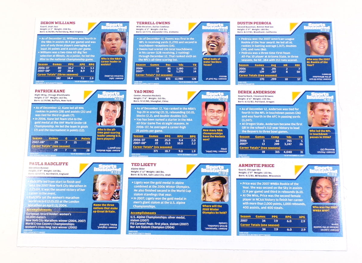 2008 Sports Illustrated for Kids 9-Card Uncut Sheet Patrick Kane Yao Ming Pic2