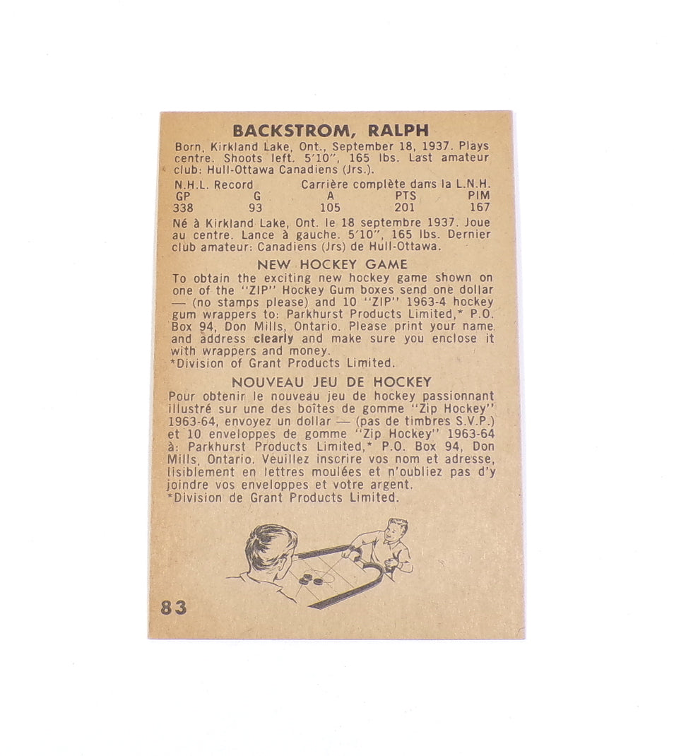 1963-64 Parkhurst Ralph Backstrom #83 Canadiens Nm Pic2
