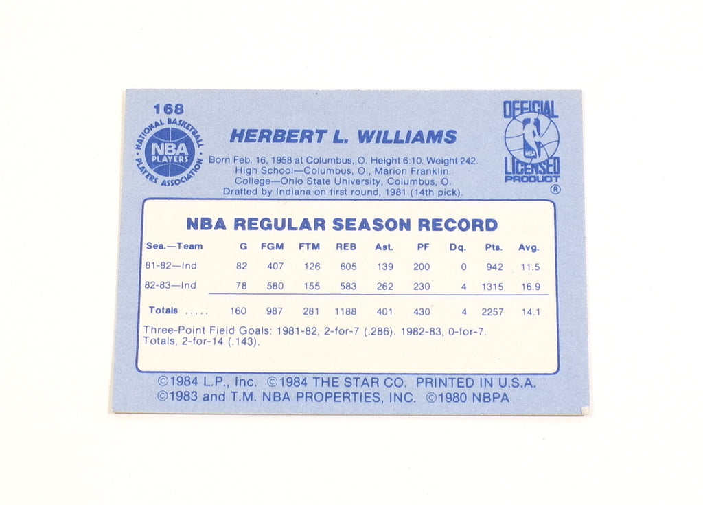 1983-84 Star Herb Williams RC #168 Pacers Nm/Mt Pic2
