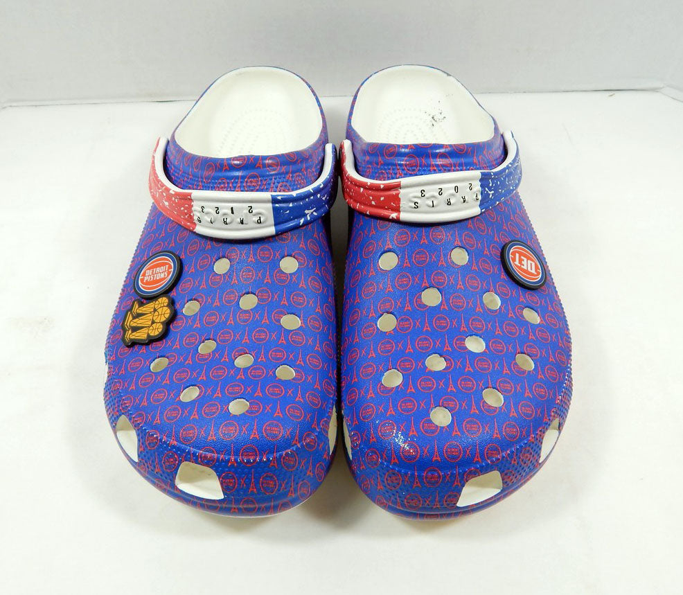 2023 Detroit Pistons Crocs Team Issued w/ L.E. Jibbitz White/Blue/Red Shoes 17 Pic2