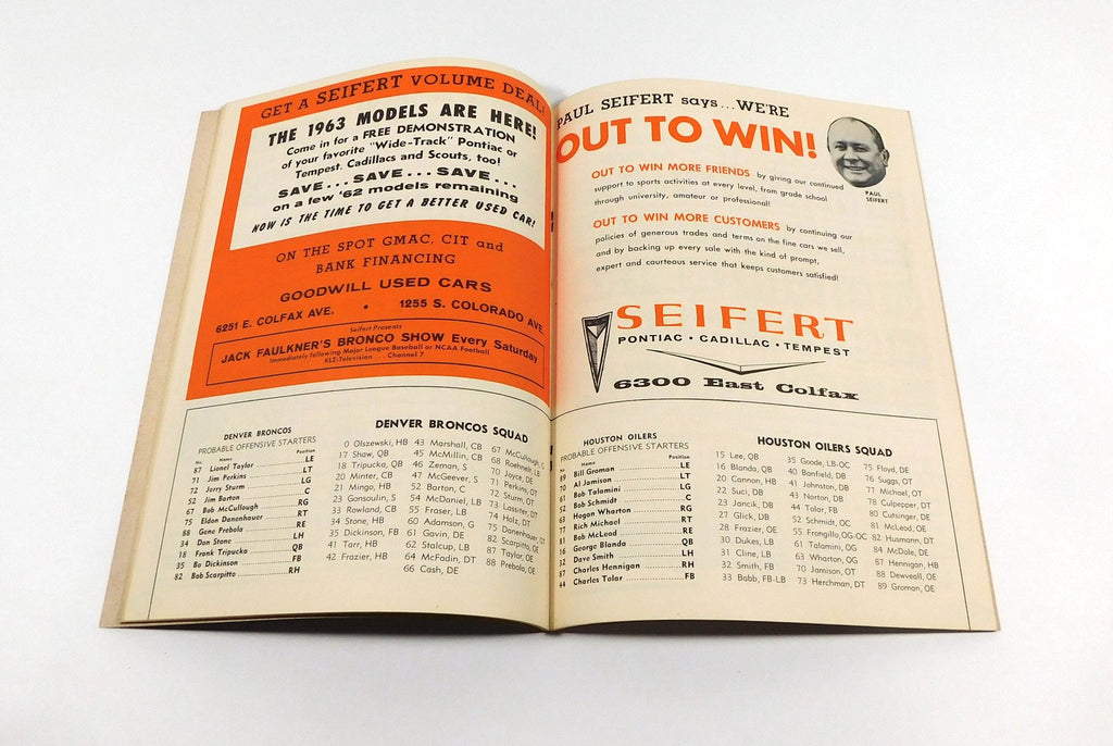 1962 Denver Broncos vs Houston Oilers AFL Football Program 10-21-62 - DA059424