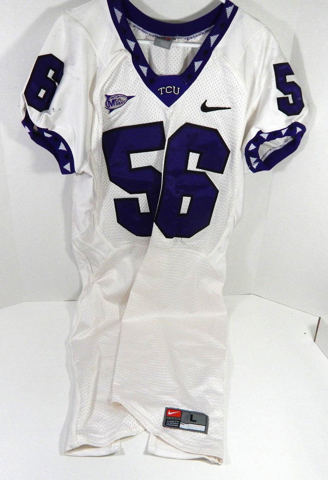 2000s Texas Christian TCU Horned Frogs #56 Game Used White Jersey NP Rem L 791 - DP58791