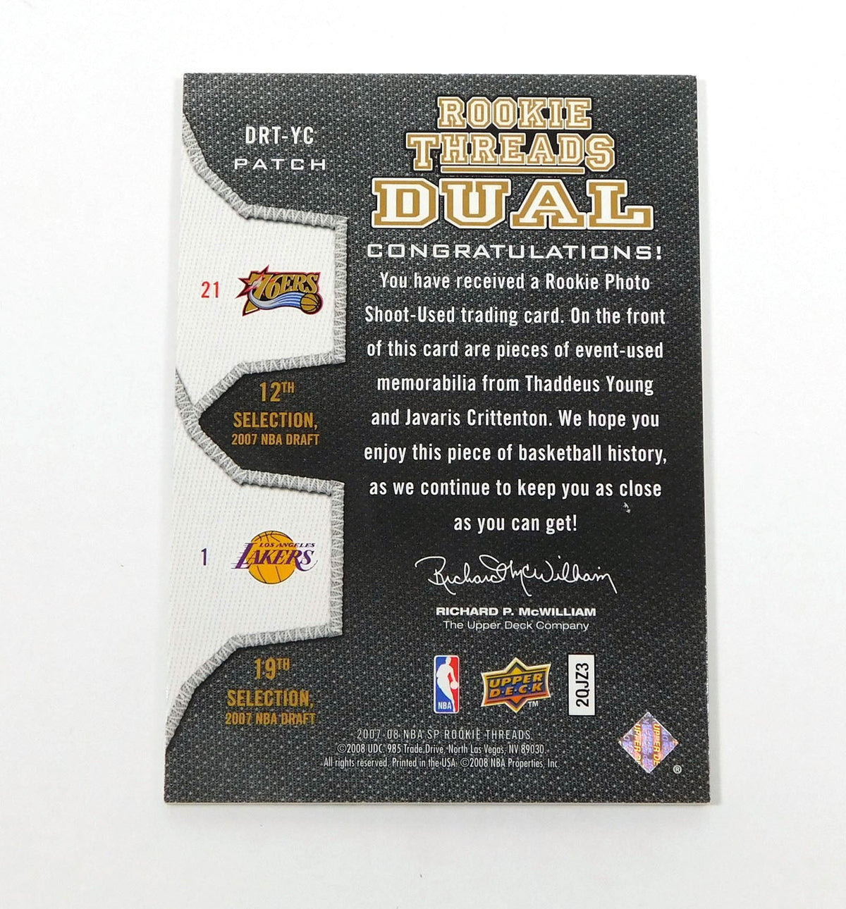 2007-08 SP Rookie Threads Javaris Crittenton/Thaddeus Young #YC Dual Patches /25 - DA043912