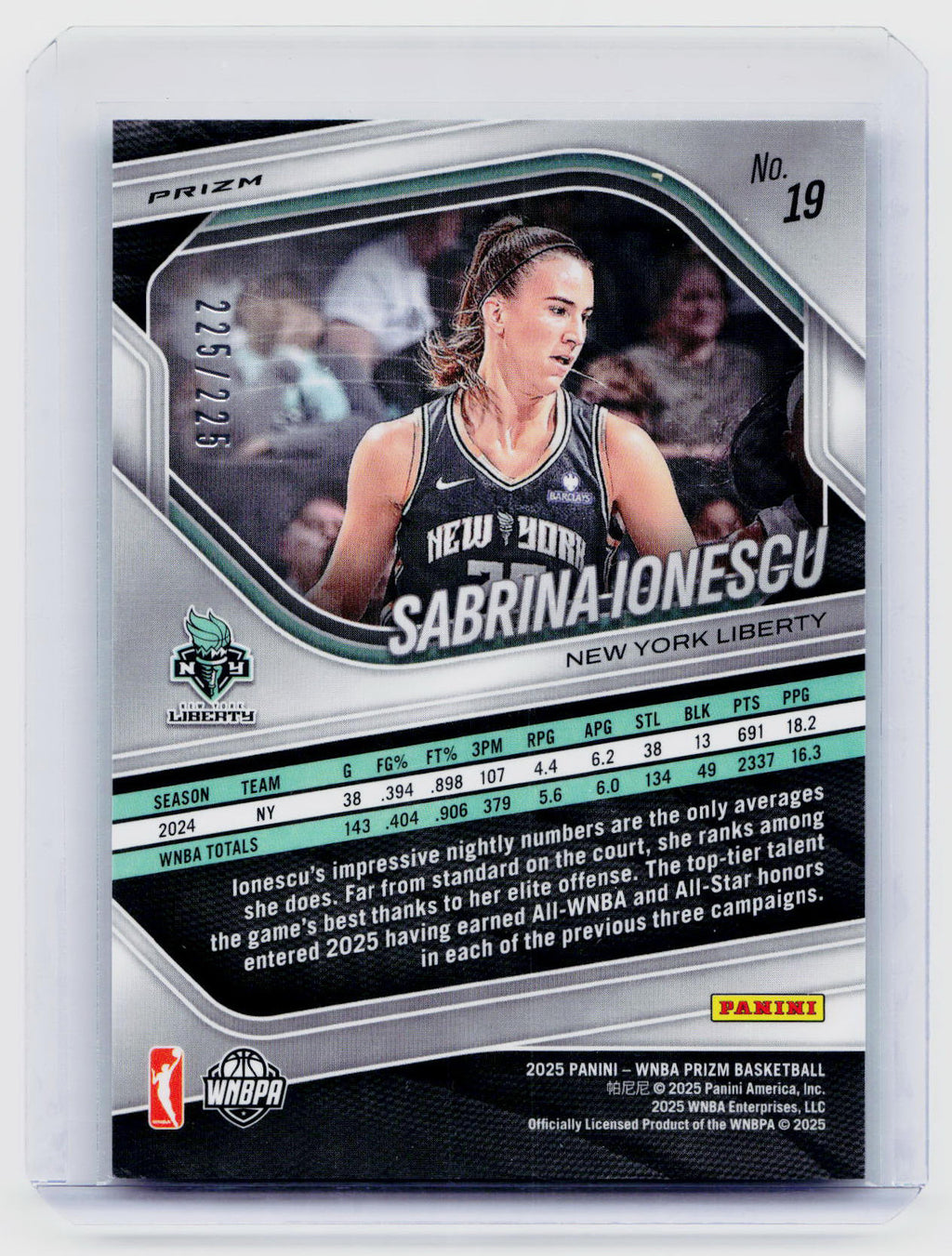 2025 Panini WNBA Prizm Lime Green Prizm Sabrina Ionescu #19 #'d 225/225 Pic2