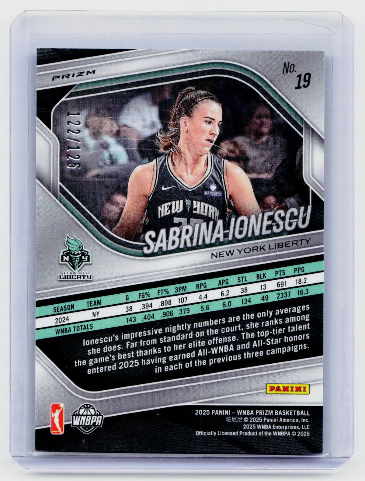 2025 Panini WNBA Prizm Carolina Blue Prizm Sabrina Ionescu #19 #'d /125 Pic2