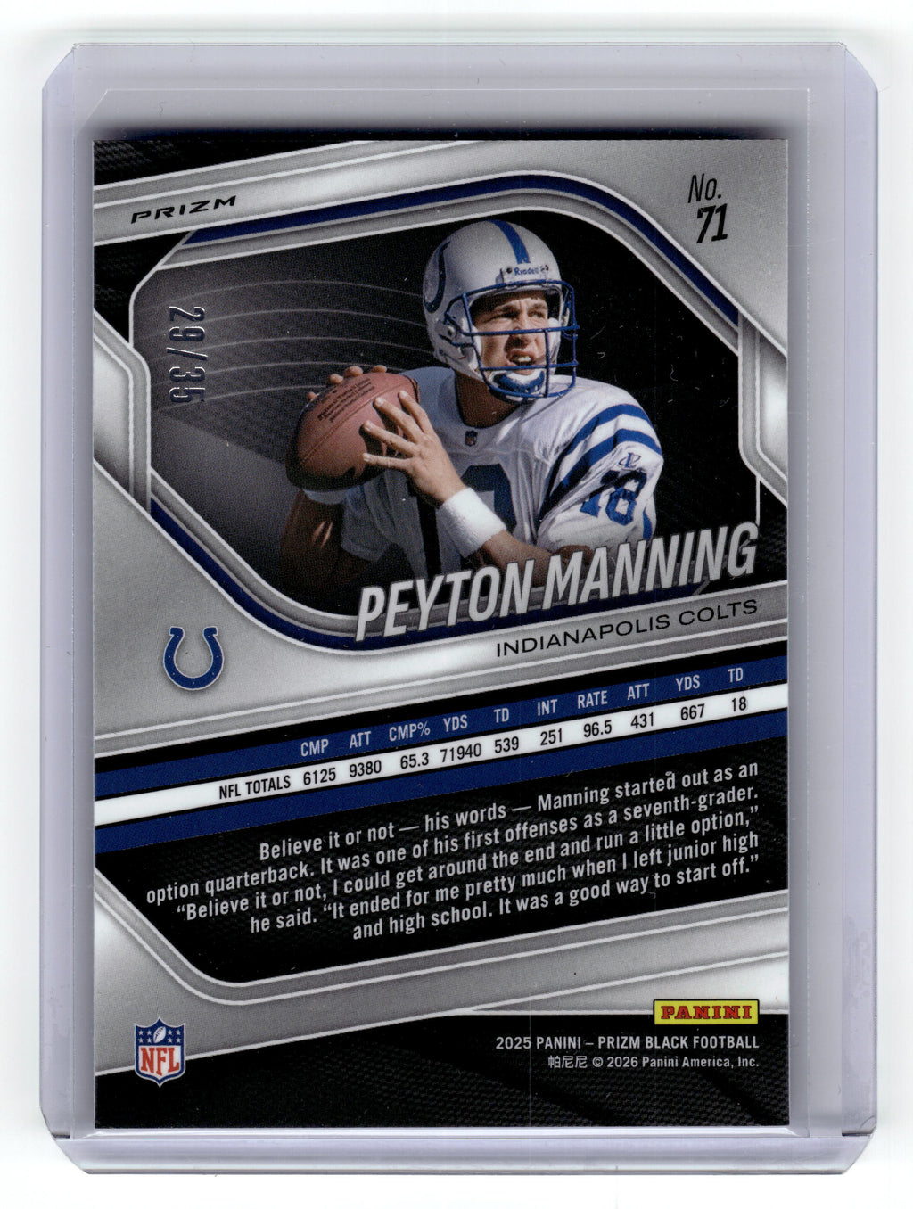 2025 Panini Prizm Black Peyton Manning Blue Shimmer FOTL Prizm #71 Colts /35 Pic2