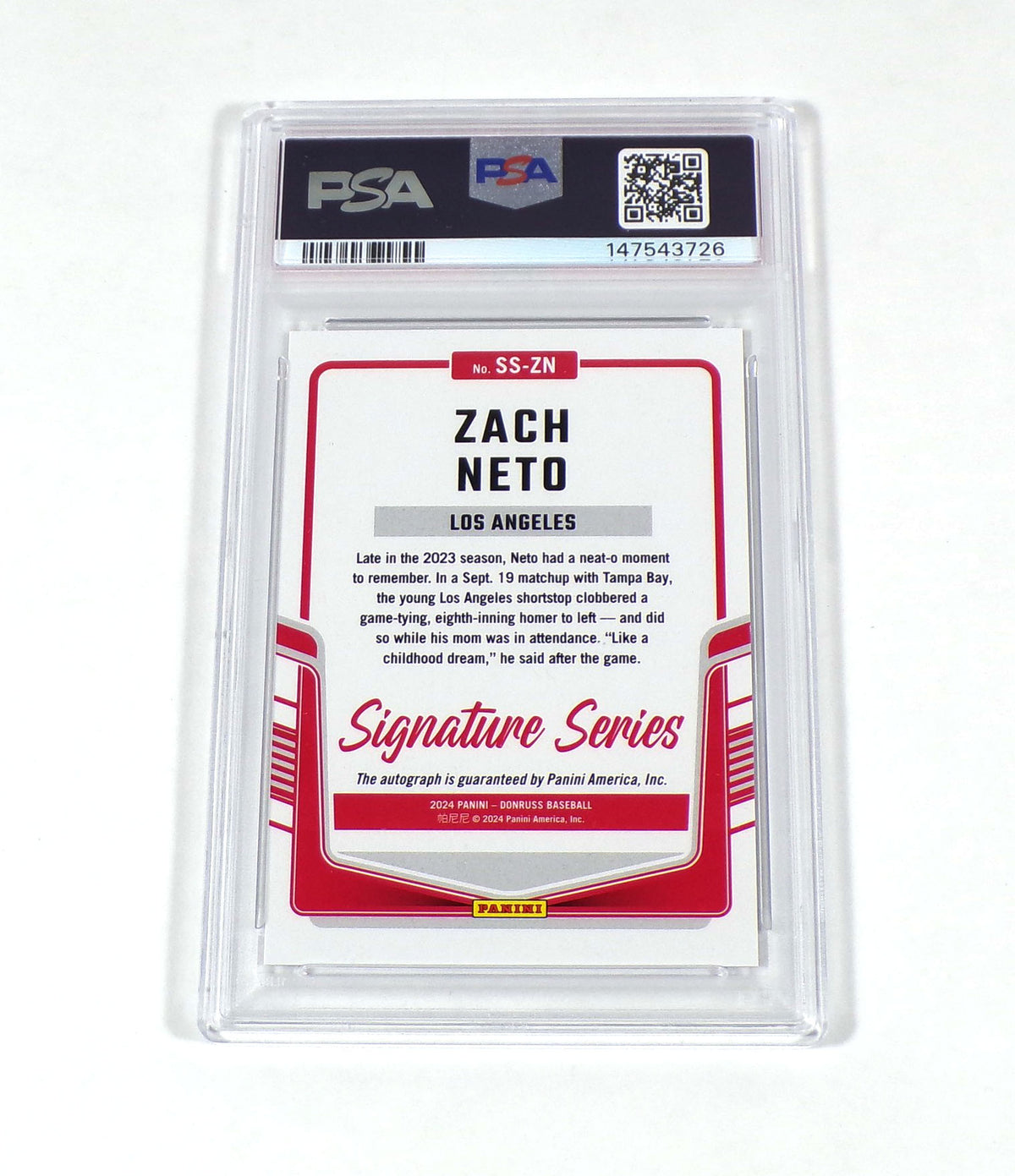 2024 Panini Donruss Zach Neto Signature Series Laser Auto #SSZN Angels PSA 10 Pic2