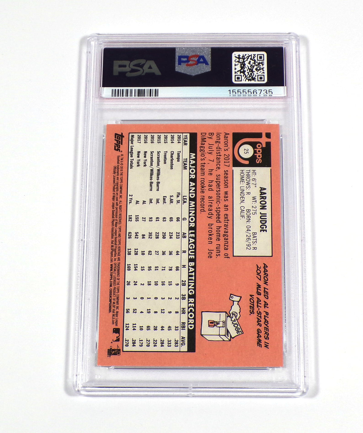 2018 Topps Heritage Aaron Judge #25 Yankees PSA 9 DA073725 Pic2