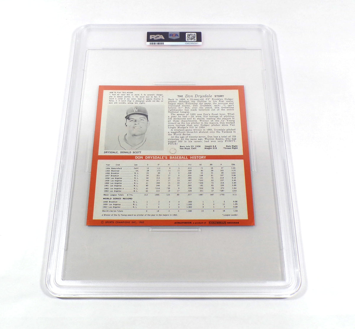 1964 Auravision Don Drysdale Baseball 33 RPM Record #5 Dodgers PSA 5 DA071611 Pic2