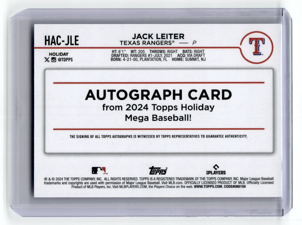 2024 Topps Holiday Jack Leiter Rookie #HACJLE Rangers Auto Pic2