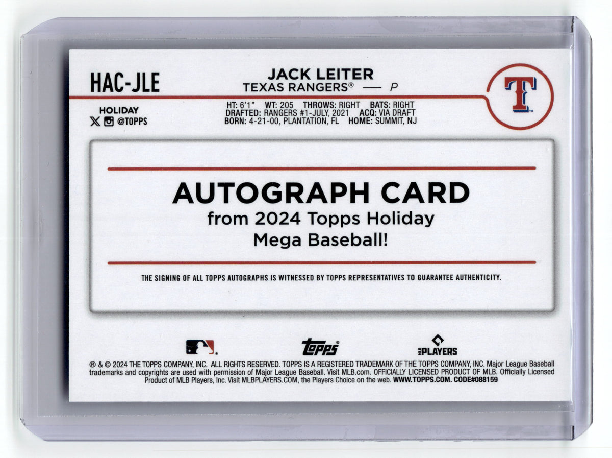 2024 Topps Holiday Jack Leiter Rookie #HACJLE Rangers Auto Pic2