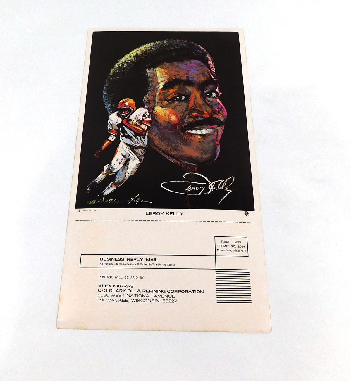 1970 Clark Oil Leroy Kelly 7.5 x 14 NFL Football Portrait Card Volpe