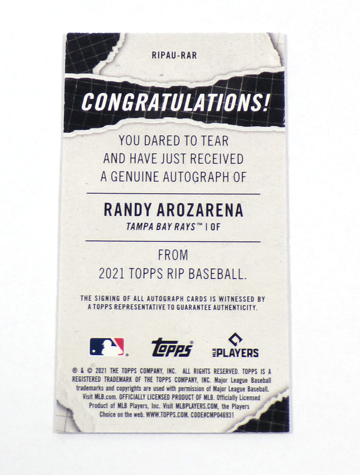 2021 Topps Rip Mini Autographs Randy Arozarena Purple #RIPAURAR On Card Auto /25 Pic2