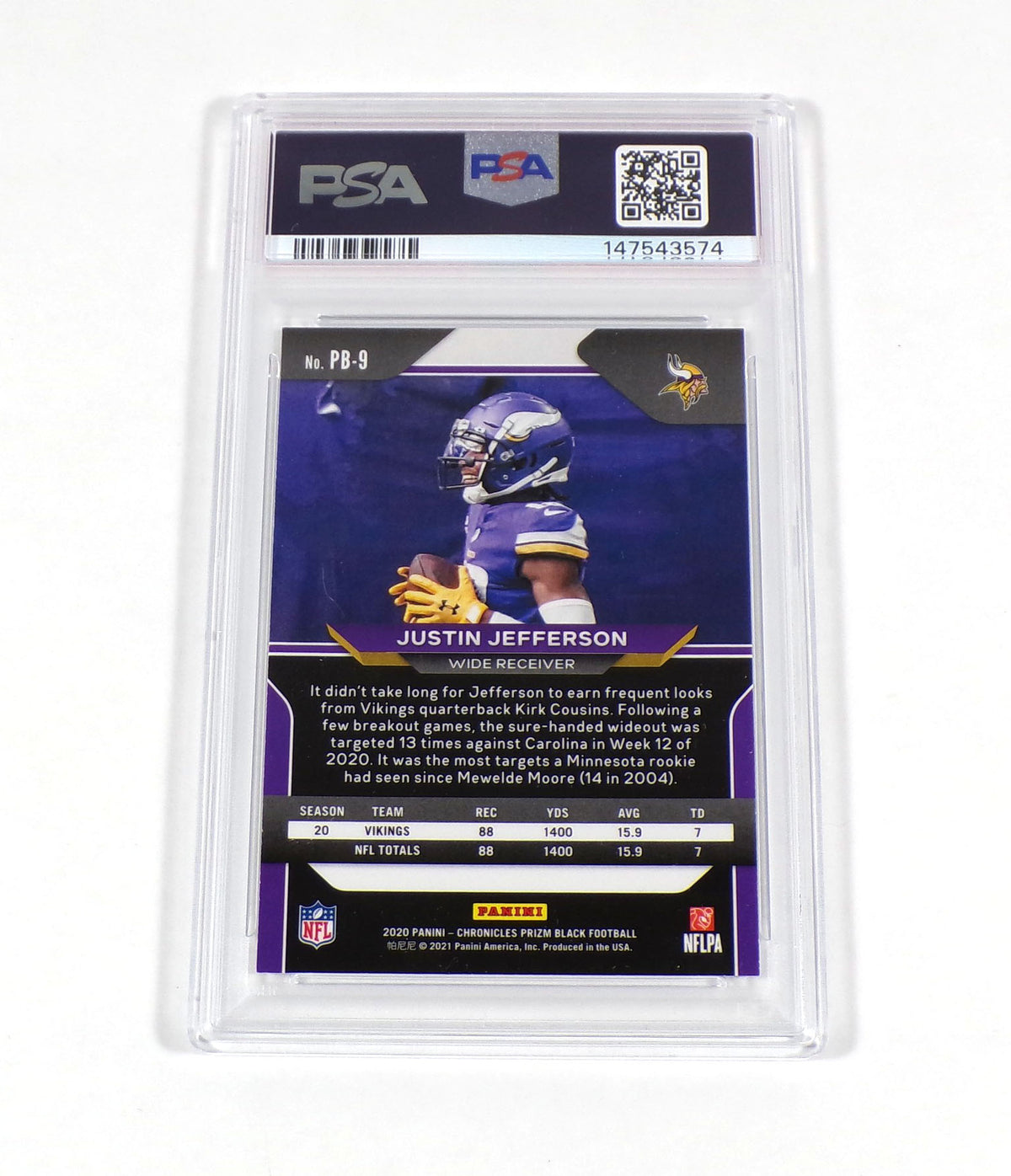 2020 Panini Chronicles Justin Jefferson Rookie Prizm Black #PB9 Vikings PSA 8 Pic2