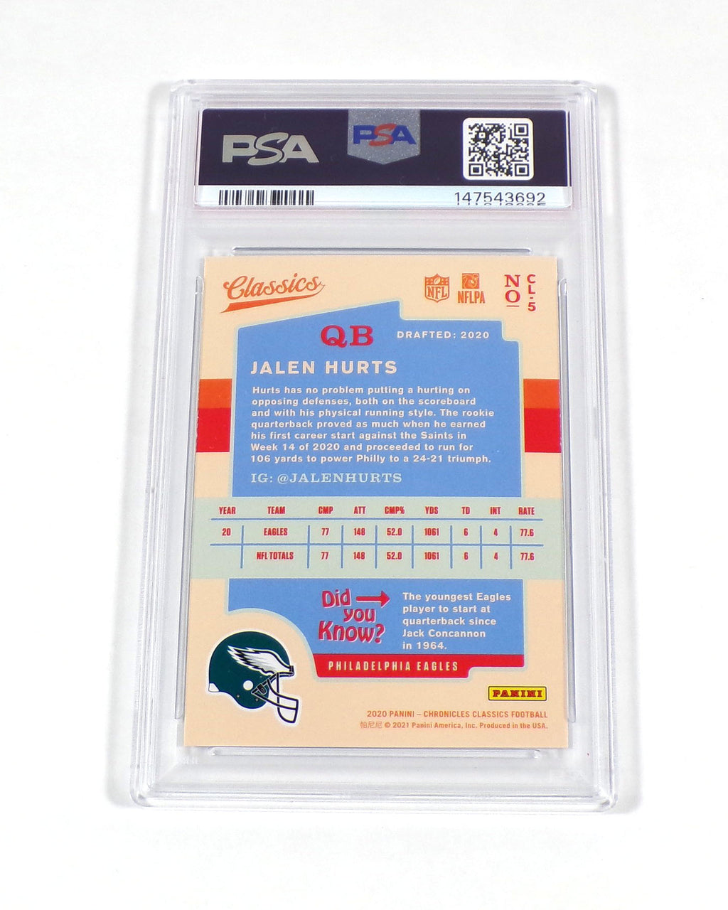 2020 Panini Chronicles Jalen Hurts Rookie Classics #5 Eagles PSA 8 Pic2