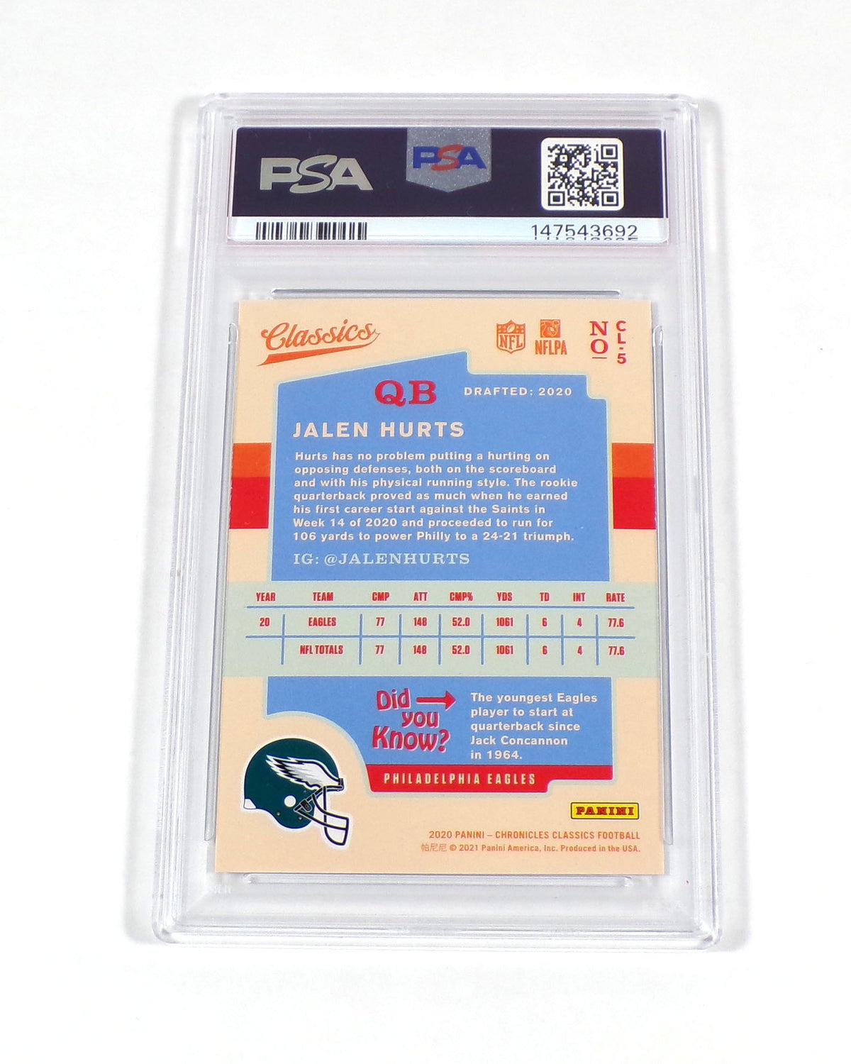 2020 Panini Chronicles Jalen Hurts Rookie Classics #5 Eagles PSA 8 Pic2