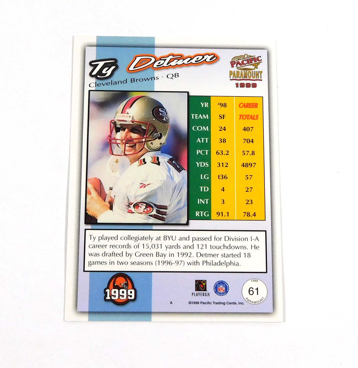 1999 Paramount Premiere Date Ty Detmer #61 Browns /62 Pic2