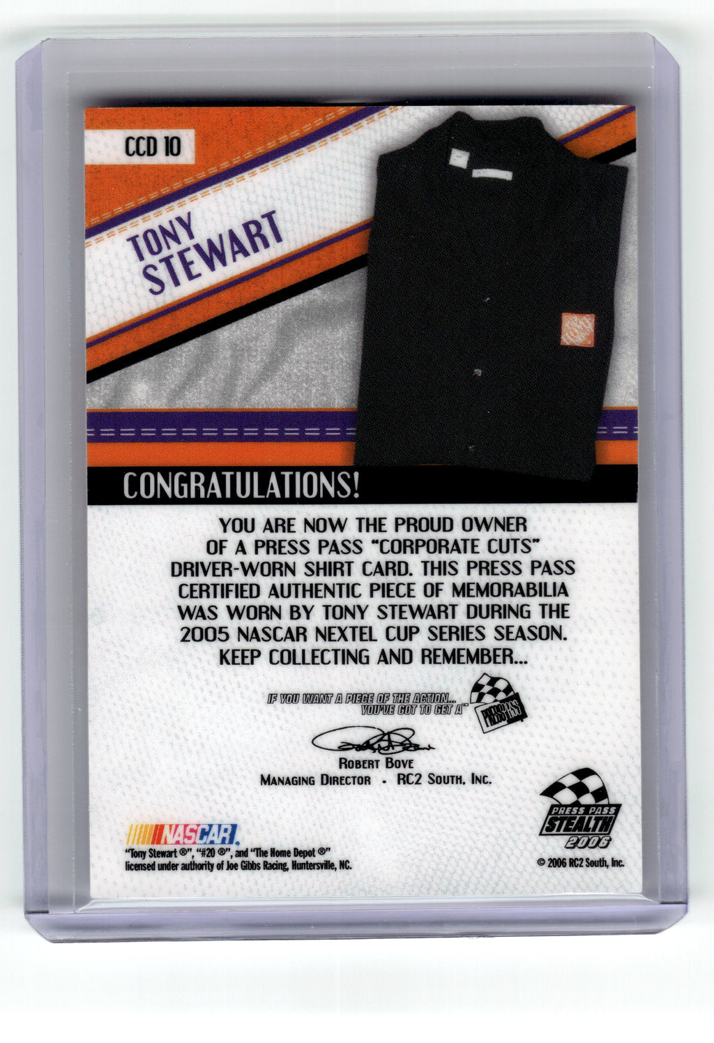 2006 Press Pass Stealth Tony Stewart Corporate Cuts #CCD10 Shirt NASCAR /250 Pic2