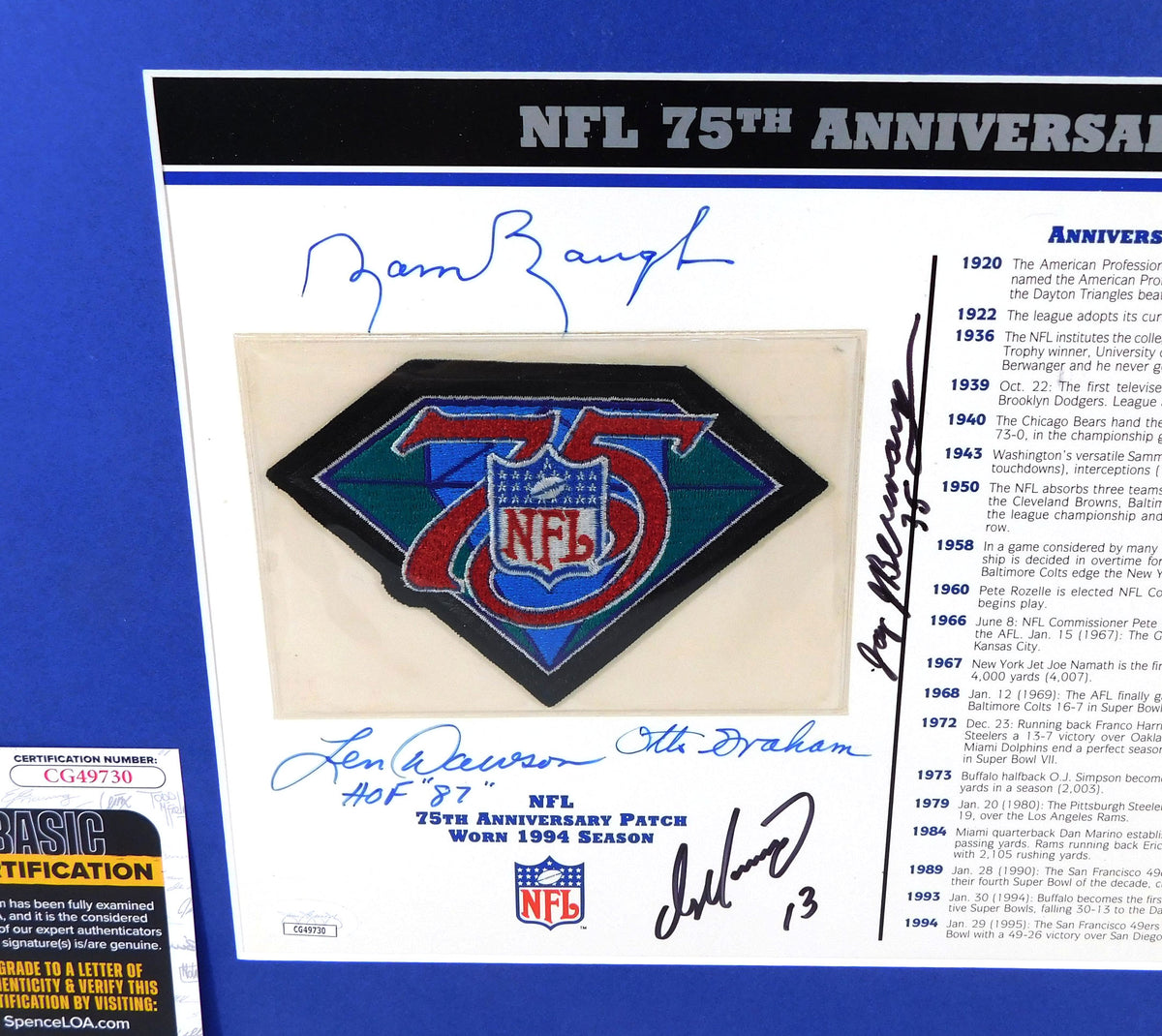 Dan Marino/Baugh/Dawson/Graham/Berwanger Signed 9x12 Print w/ Patch 5 JSA Autos Pic2