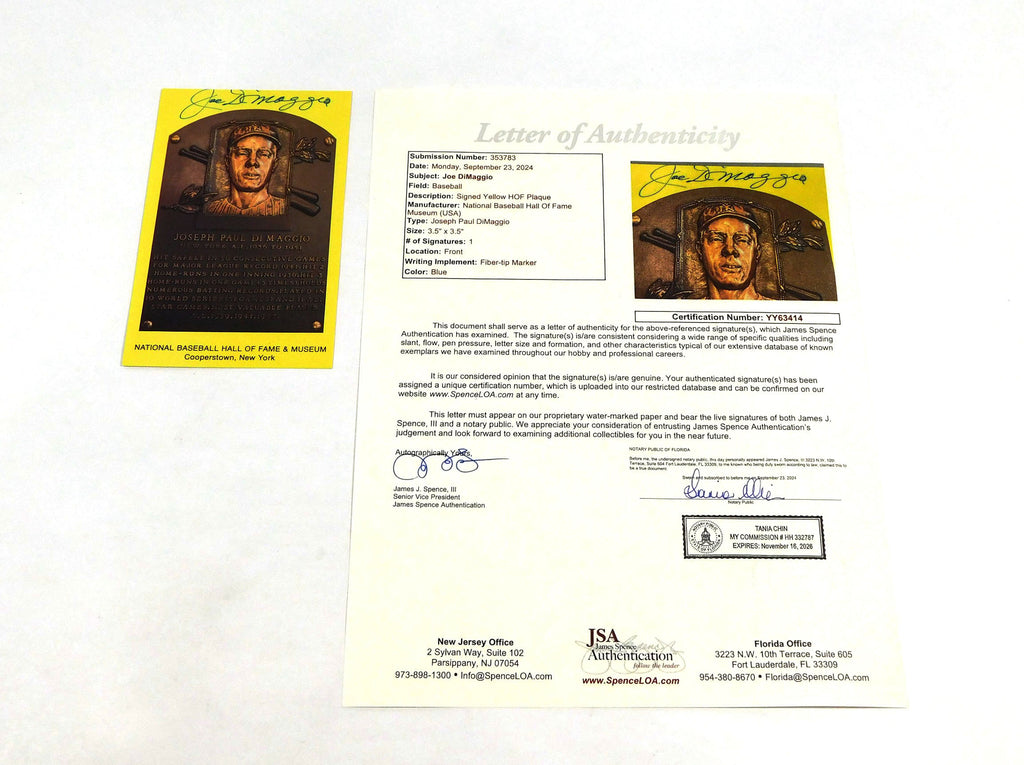 Joe DiMaggio Signed Yellow Hall of Fame Plaque Postcard Yankees JSA Auto