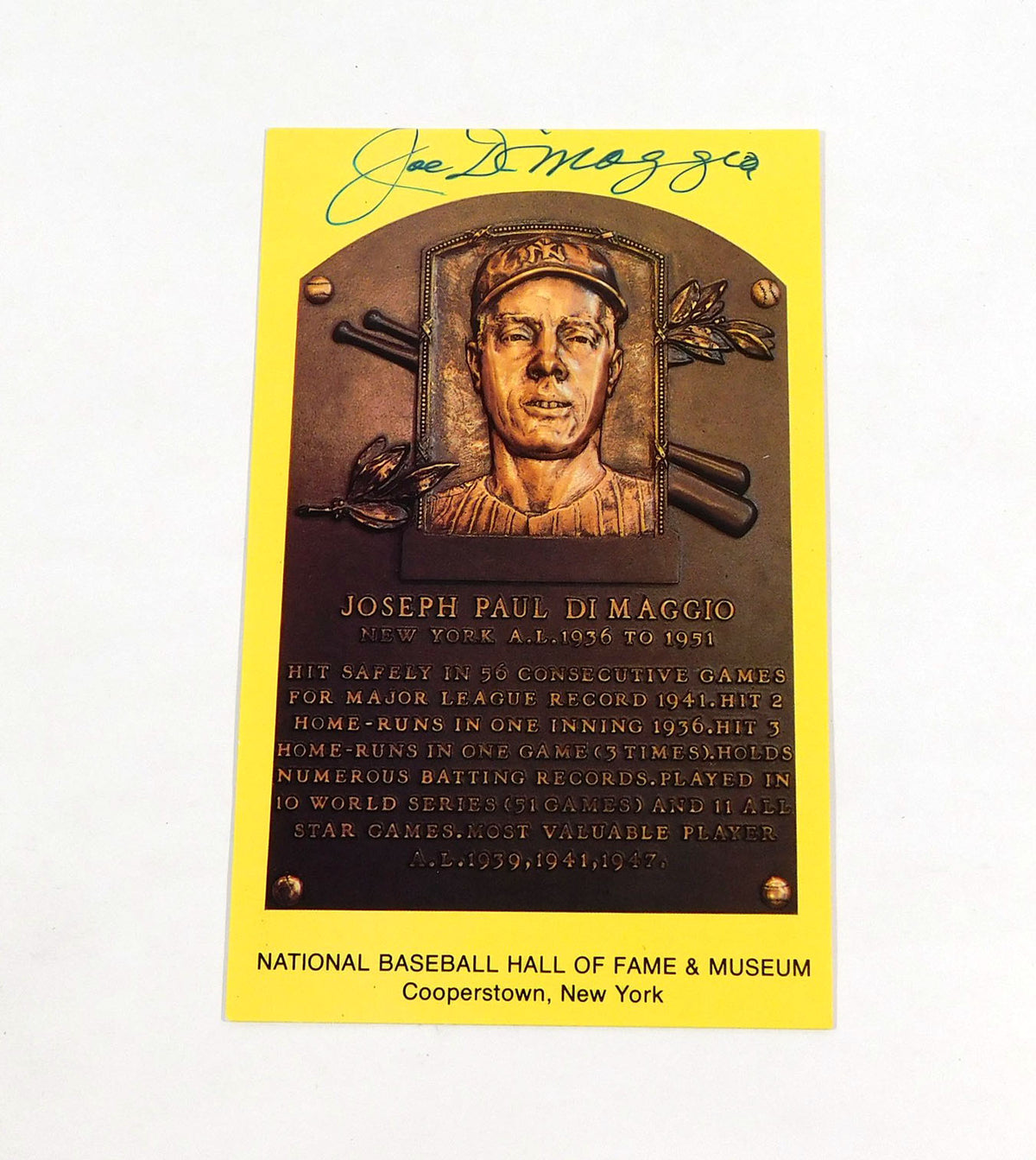 Joe DiMaggio Signed Yellow Hall of Fame Plaque Postcard Yankees JSA Auto Pic2