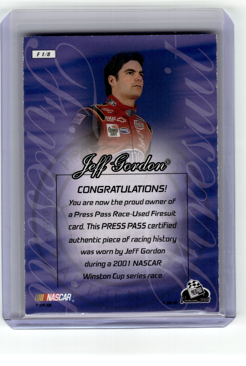 1999 Press Pass Premium Jeff Gordon #F1 Race-Used Firesuit NASCAR /100 Pic2