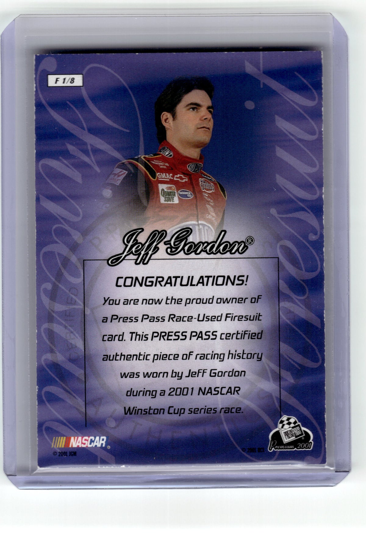 1999 Press Pass Premium Jeff Gordon #F1 Race-Used Firesuit NASCAR /100 Pic2