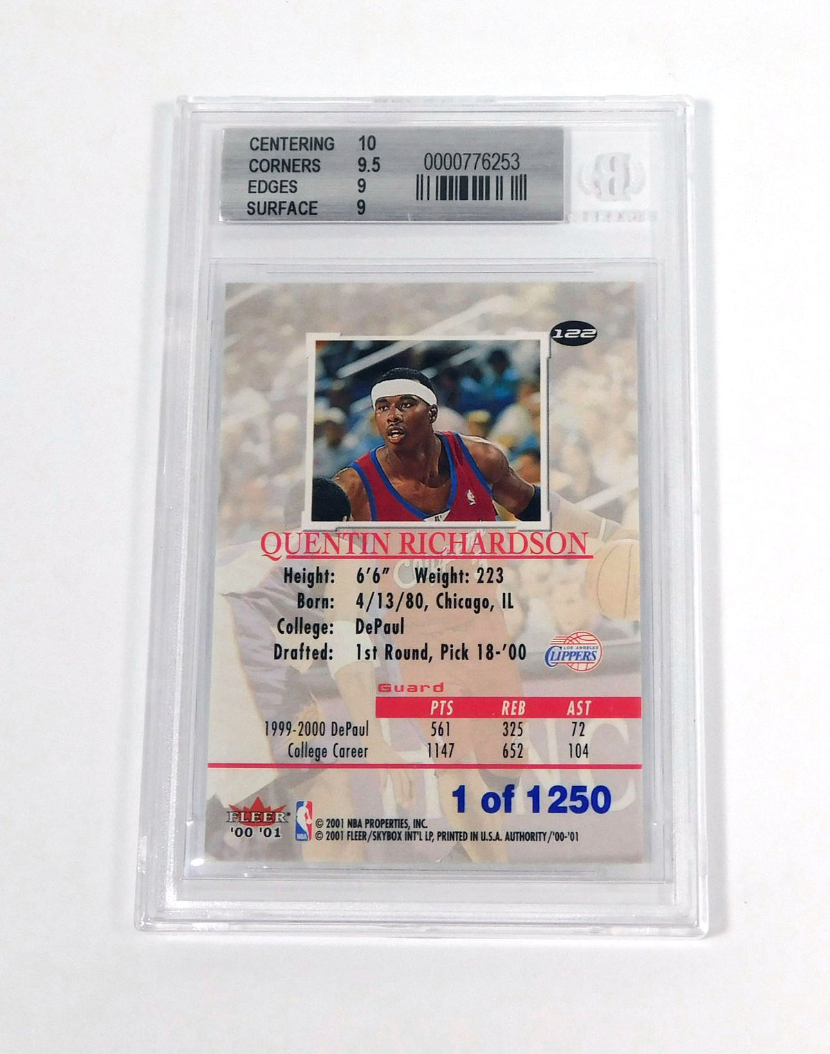 2000-01 Fleer Authority Quentin Richardson #122 Rookie 1 of 1250 Clippers BGS 9 Pic2