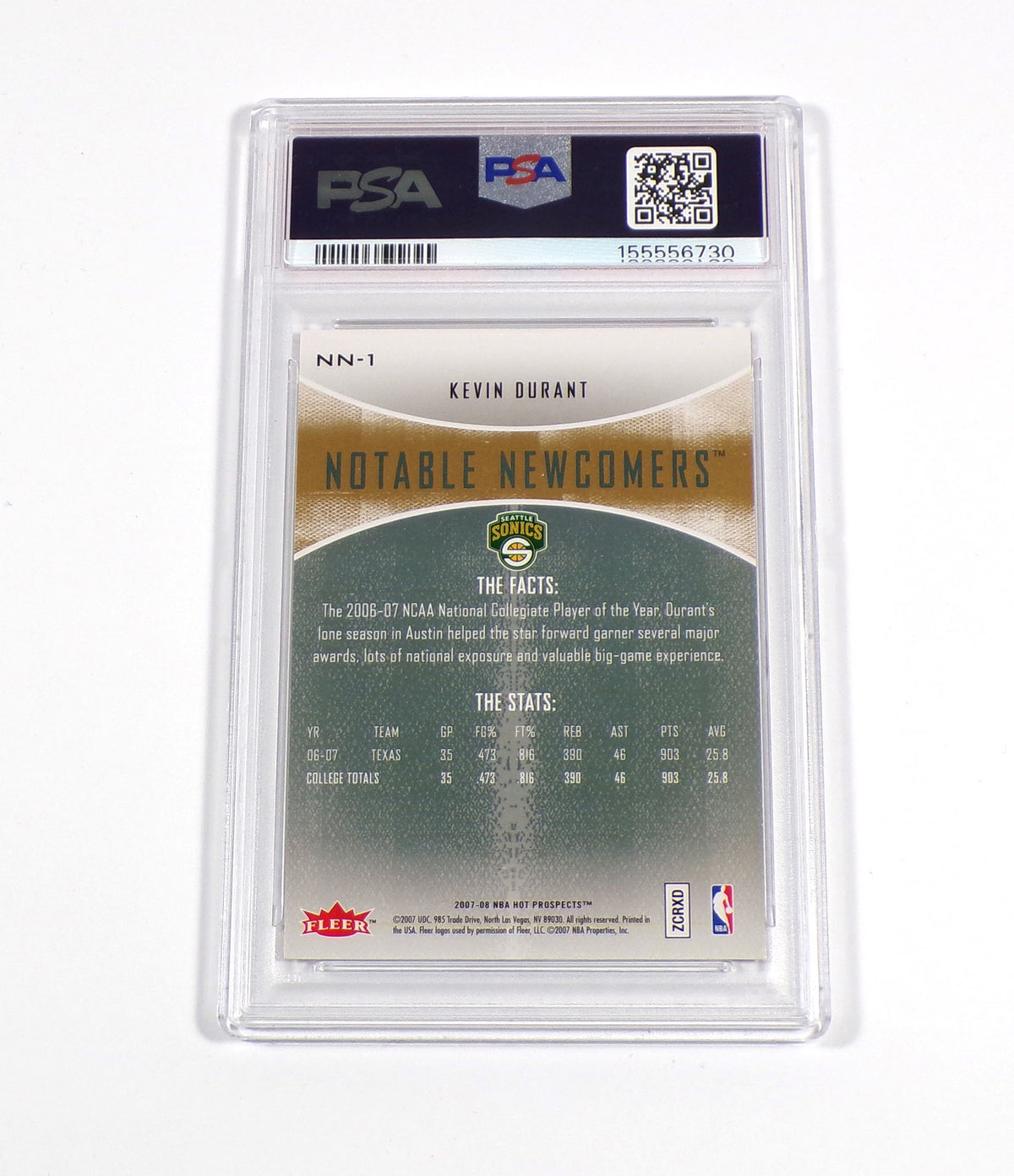 2007-08 Fleer Hot Prospects Kevin Durant Rookie Notable Newcomers #NN1 PSA 7 Pic2