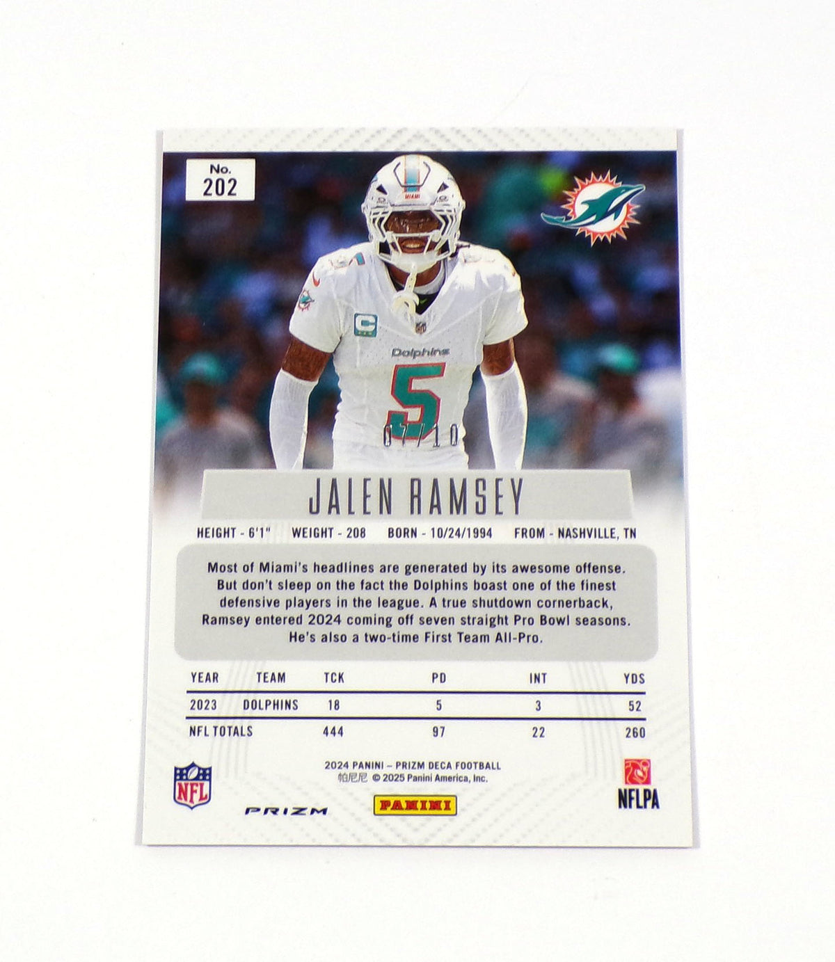 2024 Panini Prizm Deca Jalen Ramsey Gold Prizm #202 Dolphins /10 Pic2