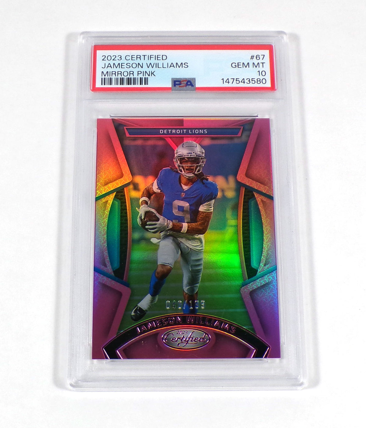 2023 Panini Certified Jameson Williams Mirror Pink Prizm #67 /199 Lions PSA 10