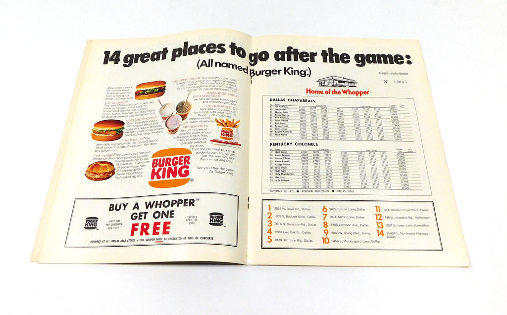 1972-73 Kentucky Colonels at Dallas Chaparrals ABA Basketball Program 11-30-72 Pic2