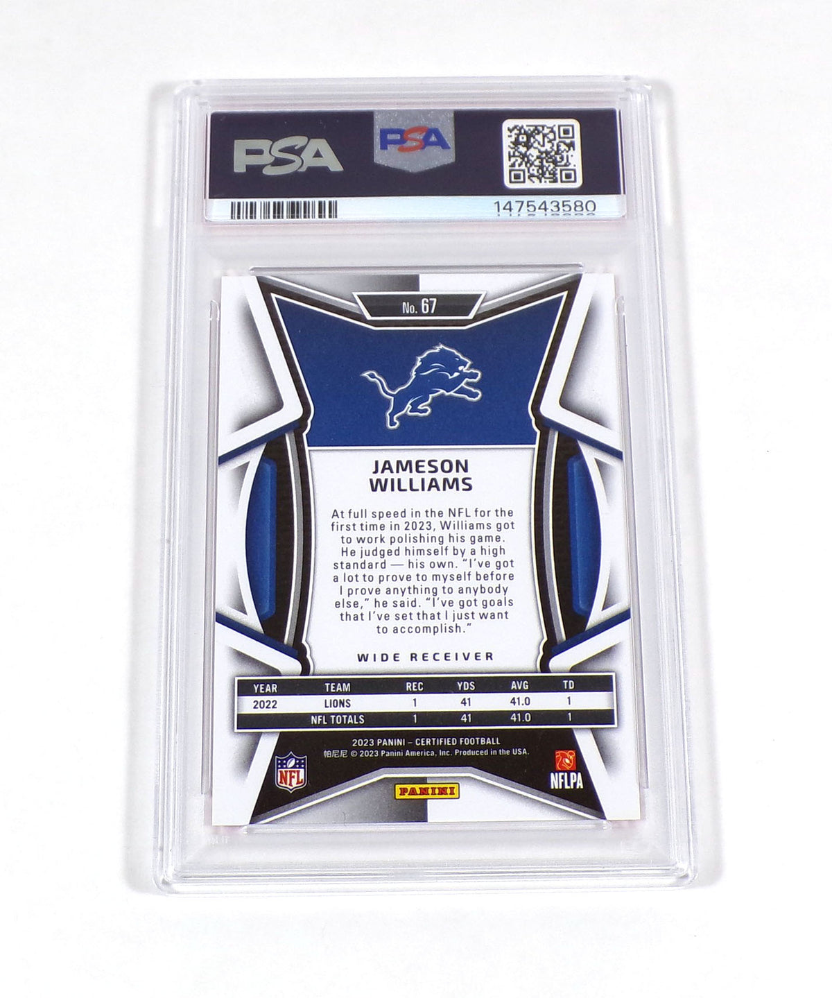 2023 Panini Certified Jameson Williams Mirror Pink Prizm #67 /199 Lions PSA 10 Pic2