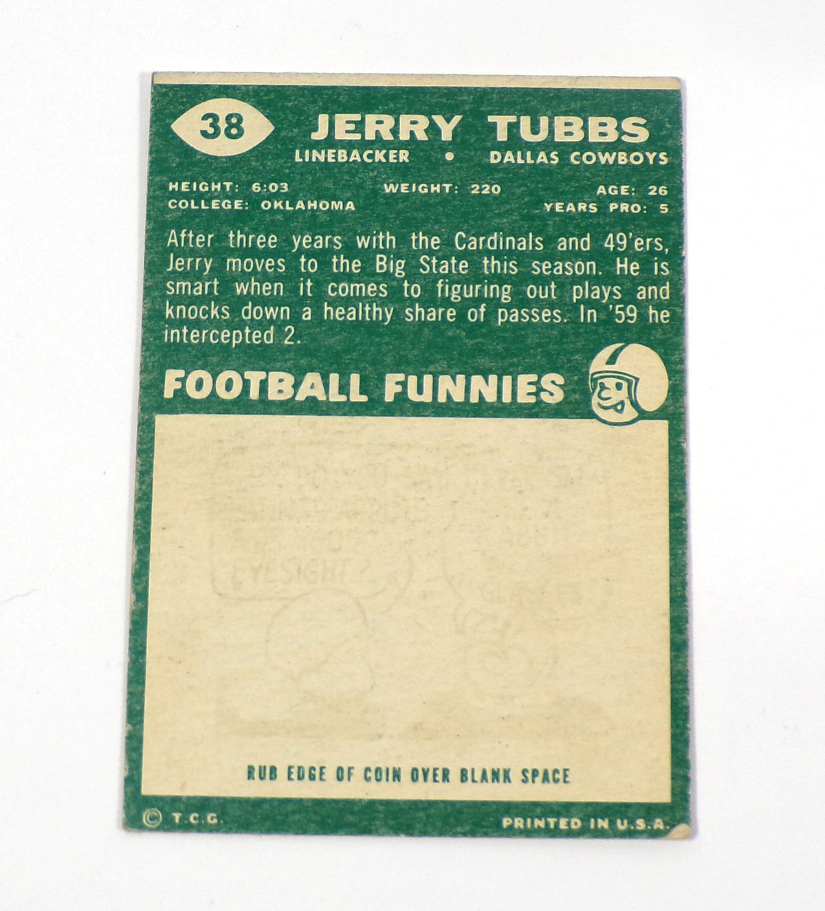 1960 Topps Jerry Tubbs #38 Cowboys Signed Card Auto Pic2