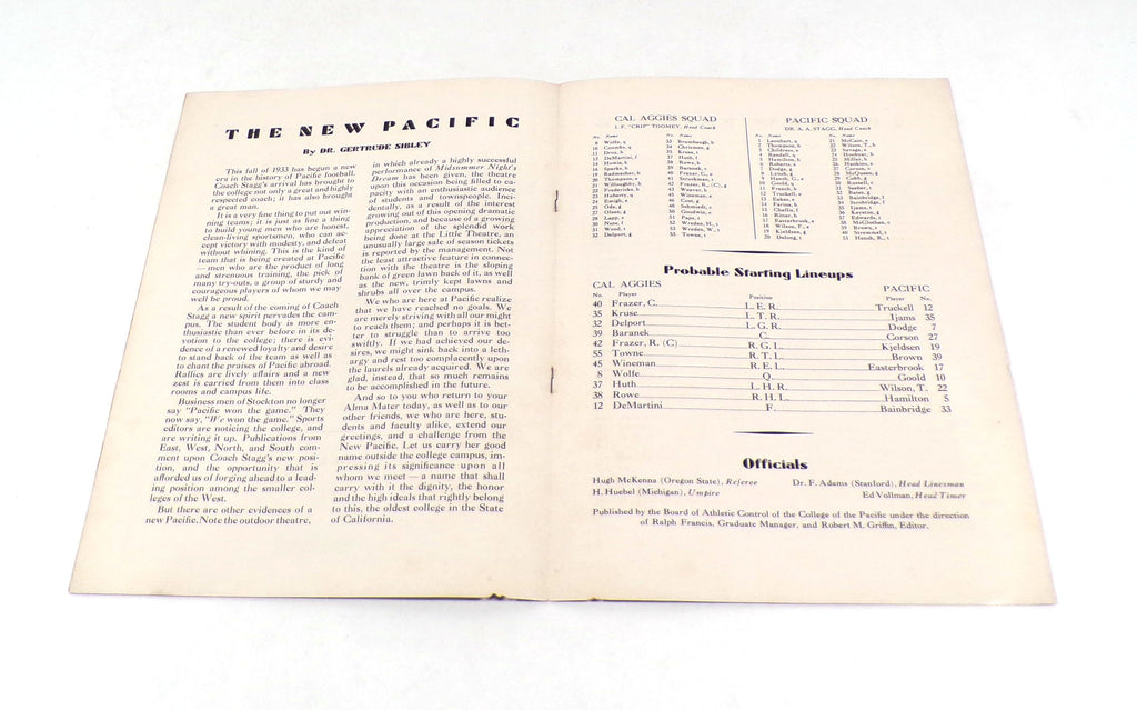1933 UC Davis CA Aggies at College of Pacific College Football Program 11-4-33 Pic2