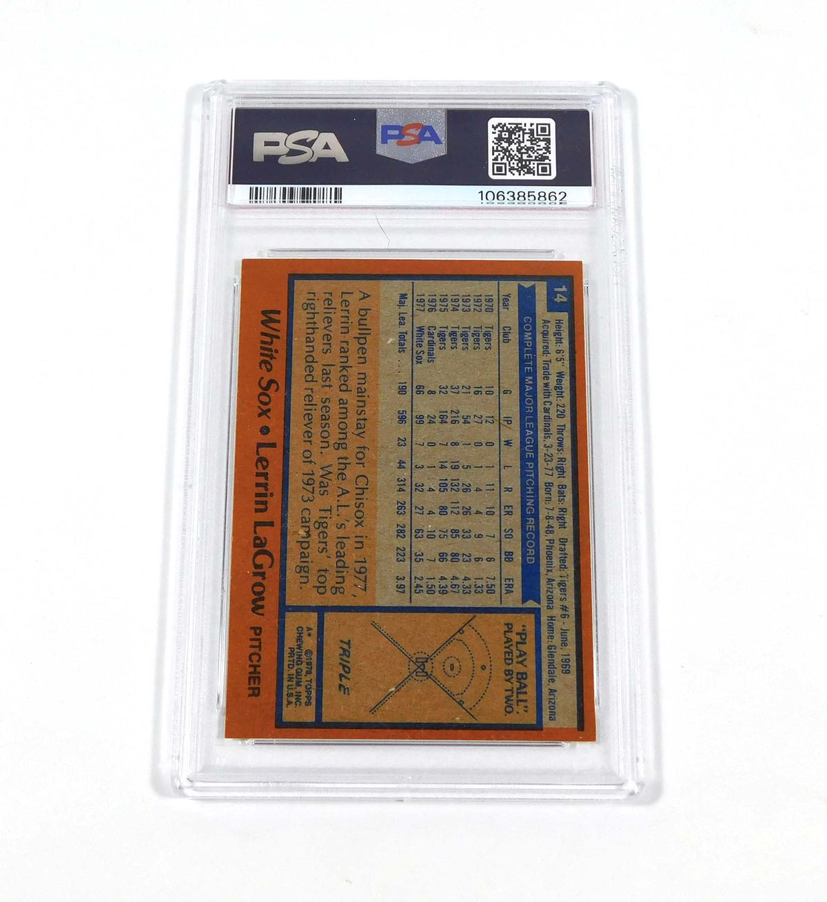 1978 Topps Lerrin LaGrow #14 White Sox PSA 9 Pic2