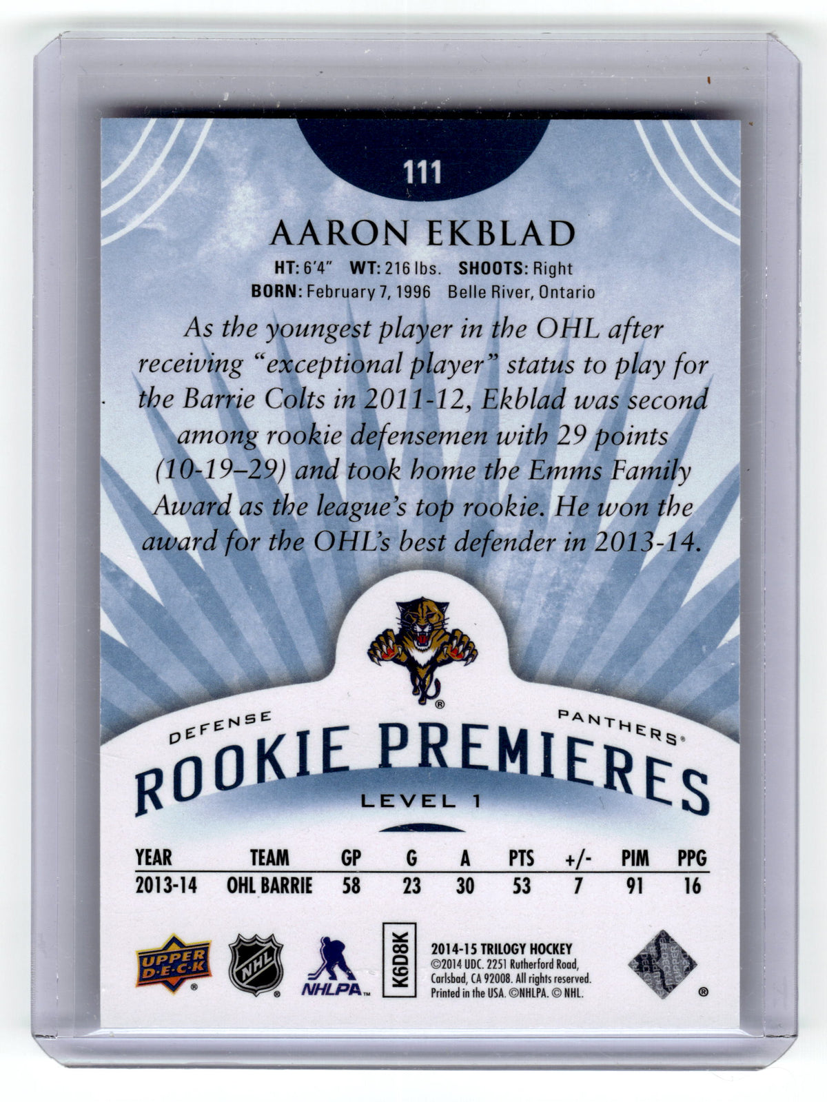 2014-15 Upper Deck Trilogy Aaron Ekblad Rookie Premieres #111 Radiant Blue /499 Pic2