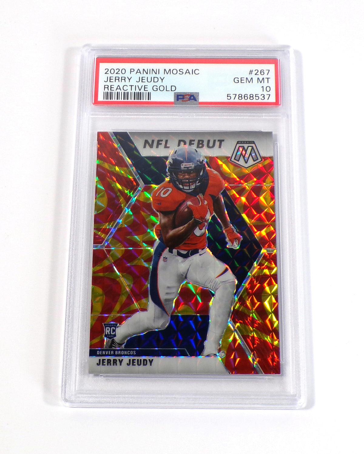 2020 Panini Mosaic Jerry Jeudy Rookie Reactive Gold #267 Broncos PSA 10