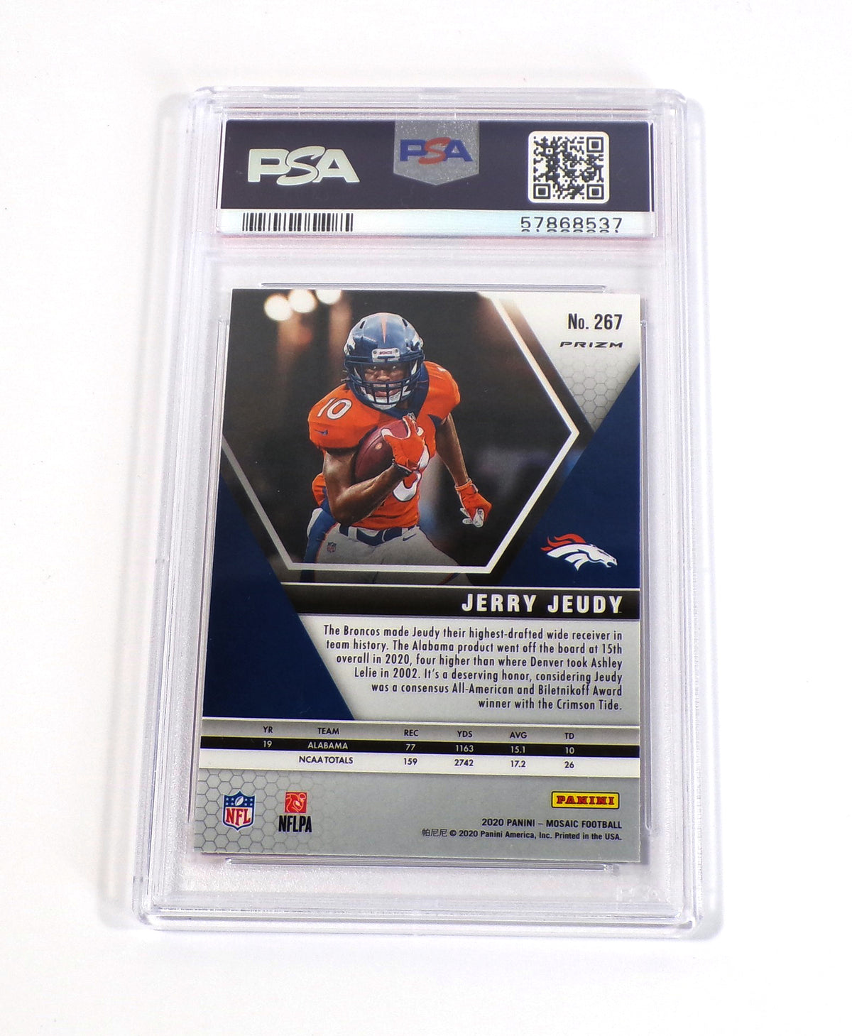 2020 Panini Mosaic Jerry Jeudy Rookie Reactive Gold #267 Broncos PSA 10 Pic2