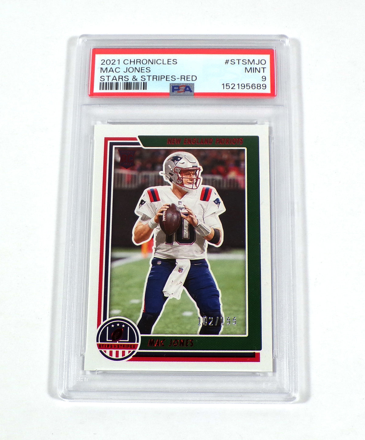 2021 Panini Chronicles Mac Jones Rookie Stars & Stripes Red #STSMJO /199 PSA 9