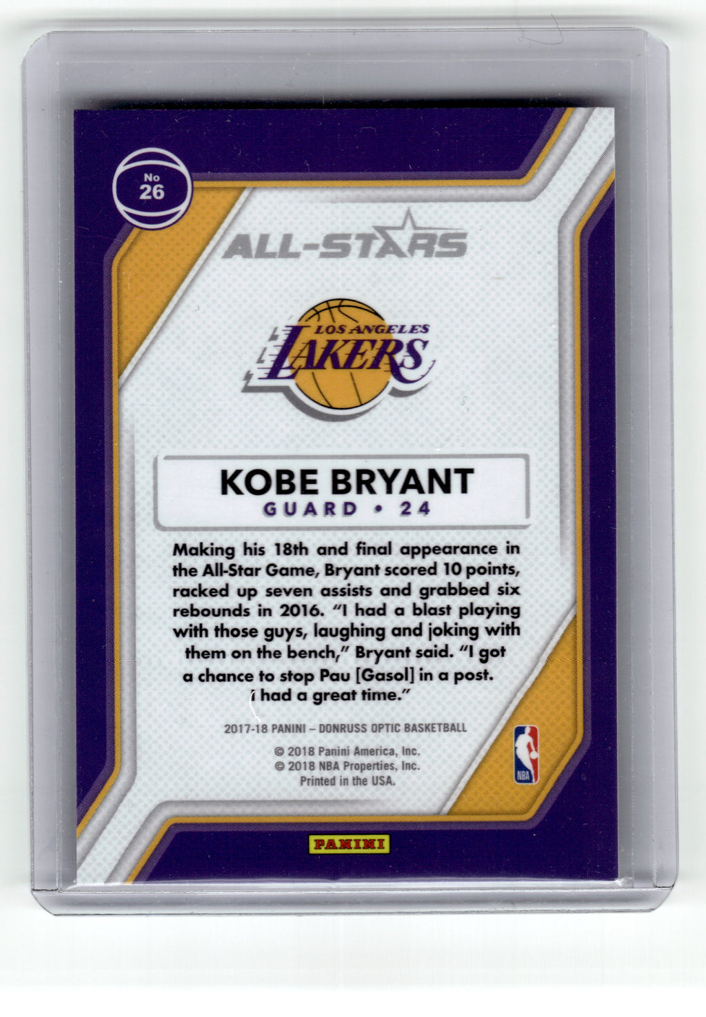 2017-18 Panini Donruss Optic Kobe Bryant #26 All-Stars Lakers Pic2