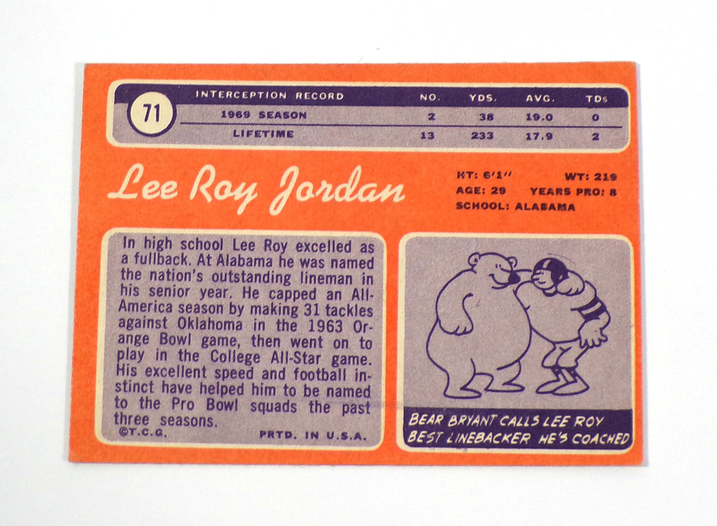 1970 Topps Lee Roy Jordan #71 Cowboys Signed Card Auto Pic2