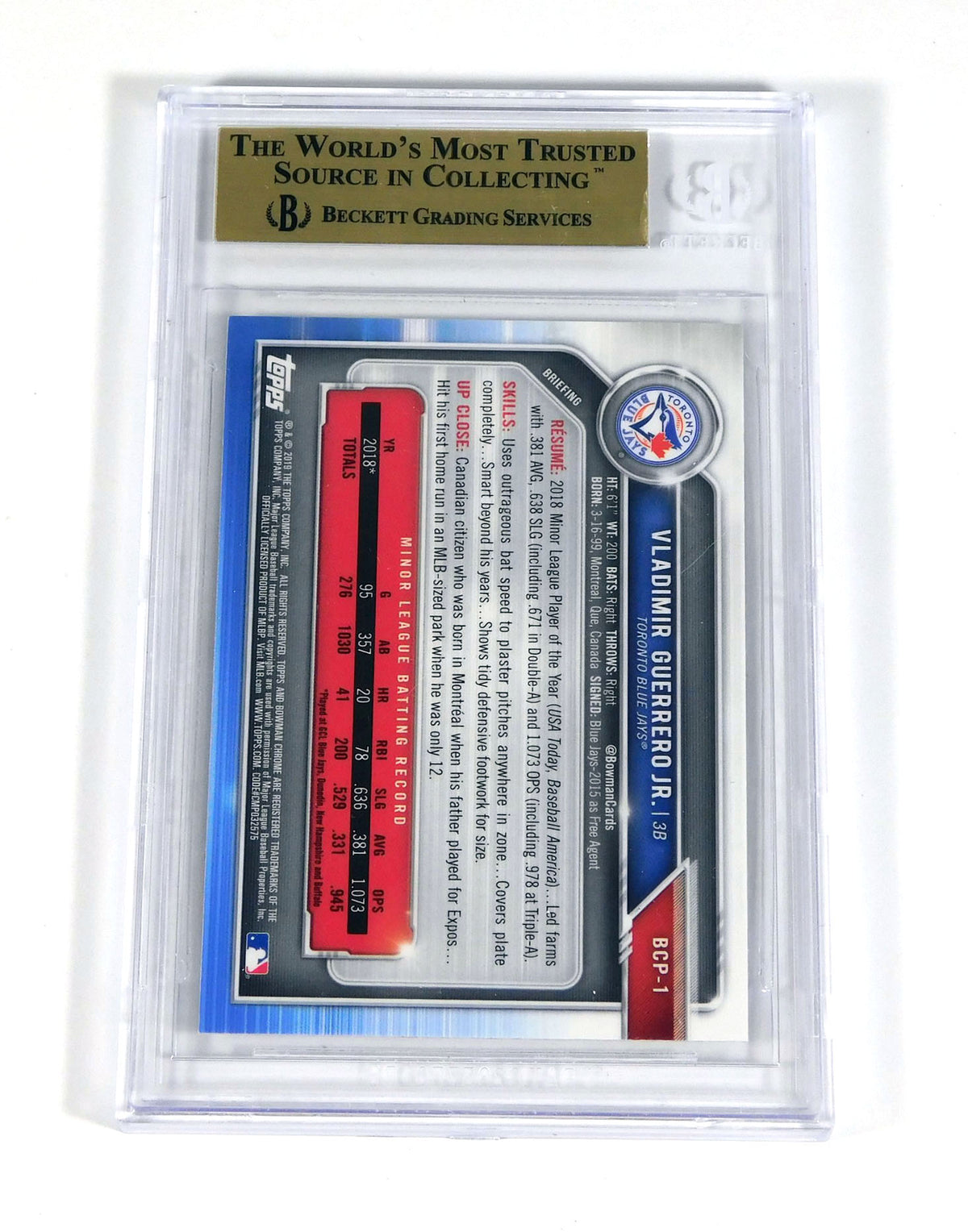 2019 Bowman Chrome Prospects Vladimir Guerrero Jr. #BCP1 Blue Jays BGS 9.5 DA579 Pic2