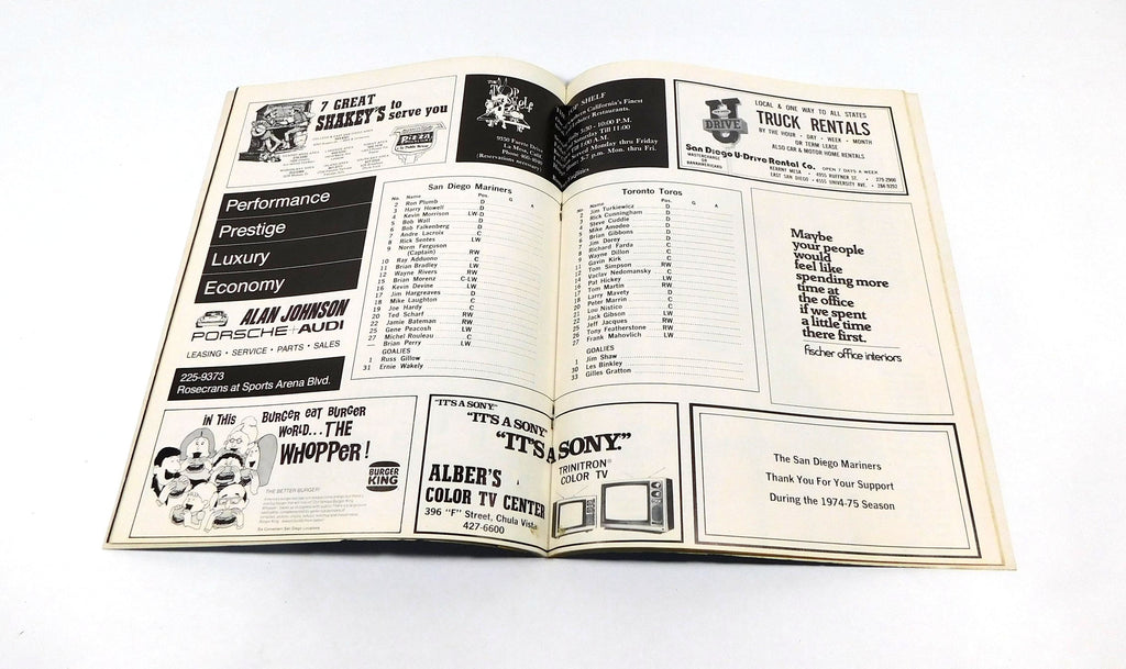 1974-75 San Diego Mariners vs Toronto Toros WHA Hockey Program Pic2
