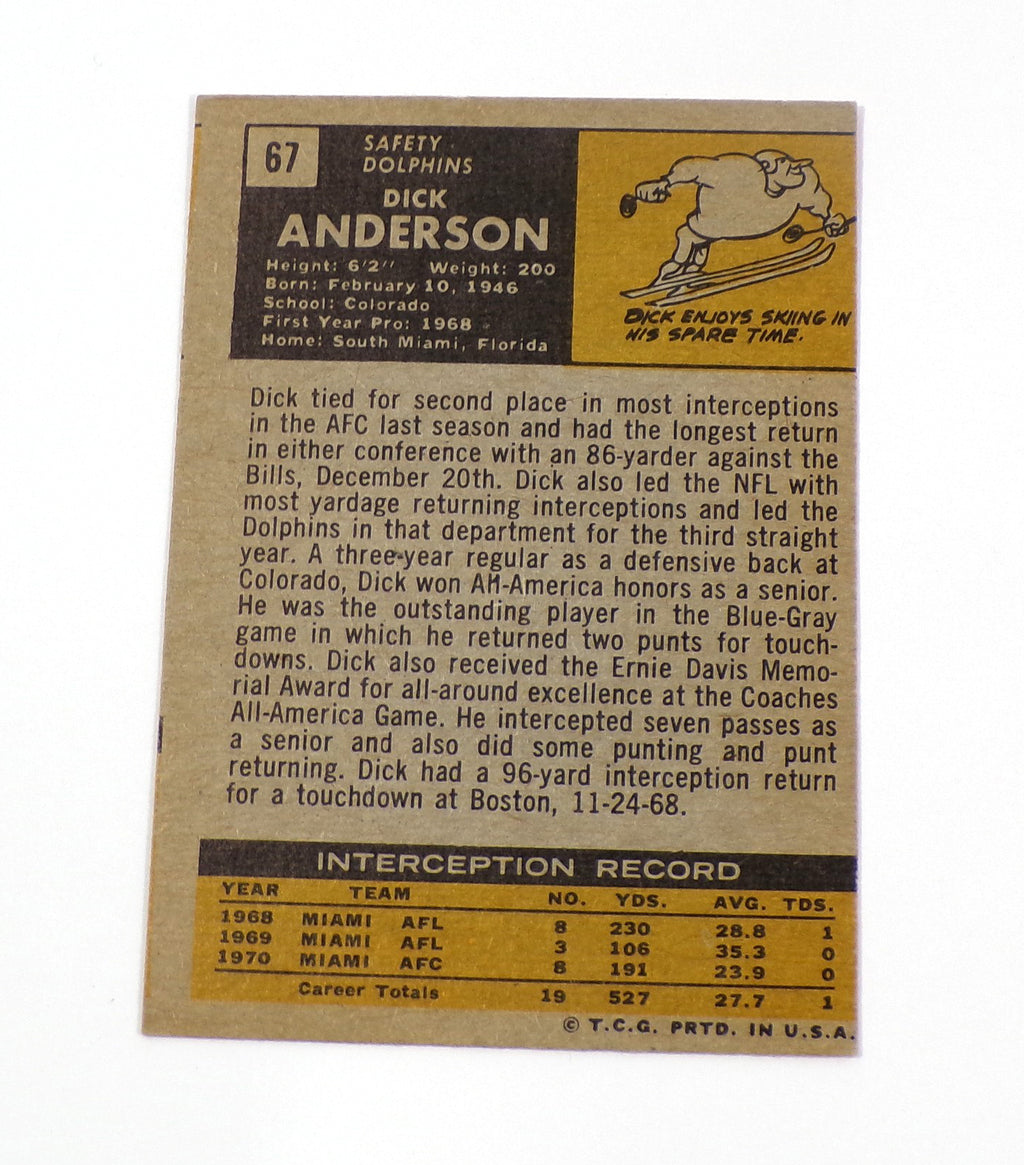 1971 Topps Dick Anderson #67 Dolphins Signed Card Auto Pic2