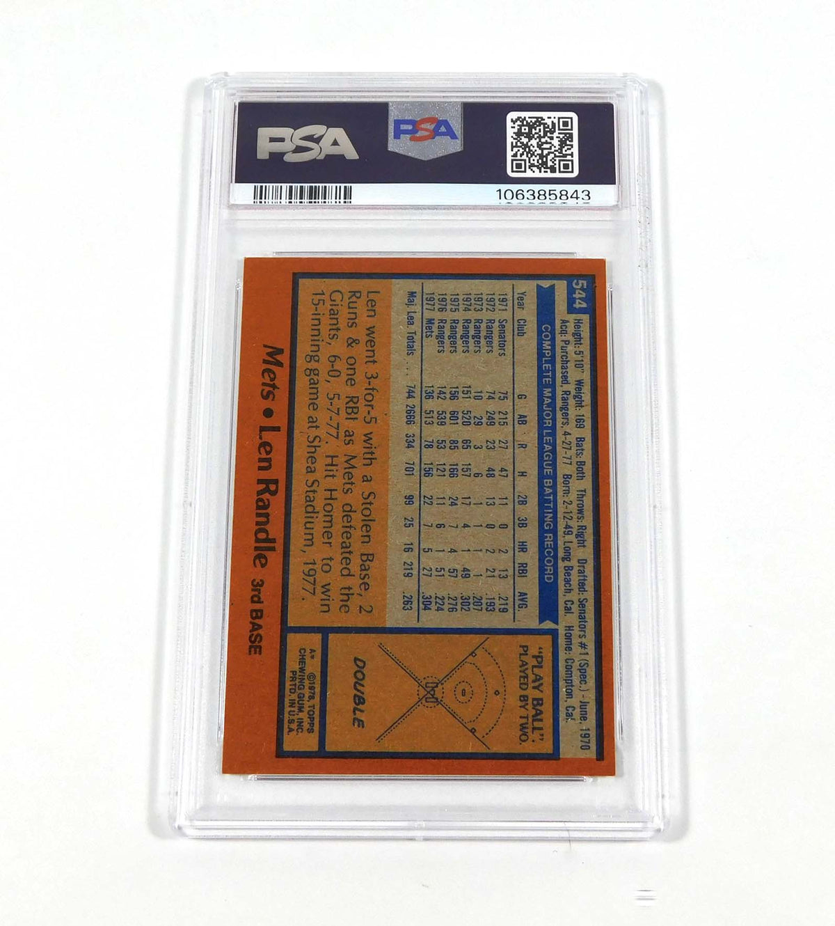 1978 Topps Len Randle #544 Mets PSA 9 Pic2