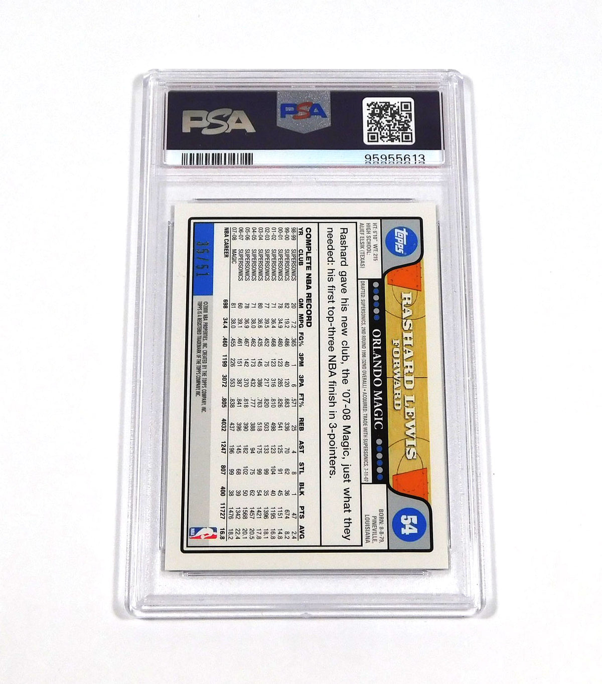 2008-09 Topps Black Rashard Lewis #54 /51 Magic PSA 6 Pic2